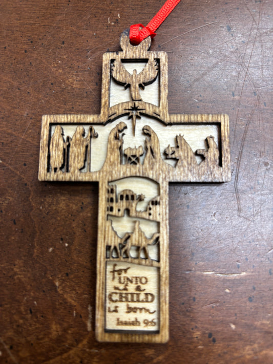 Wooden Cross Nativity Ornaments