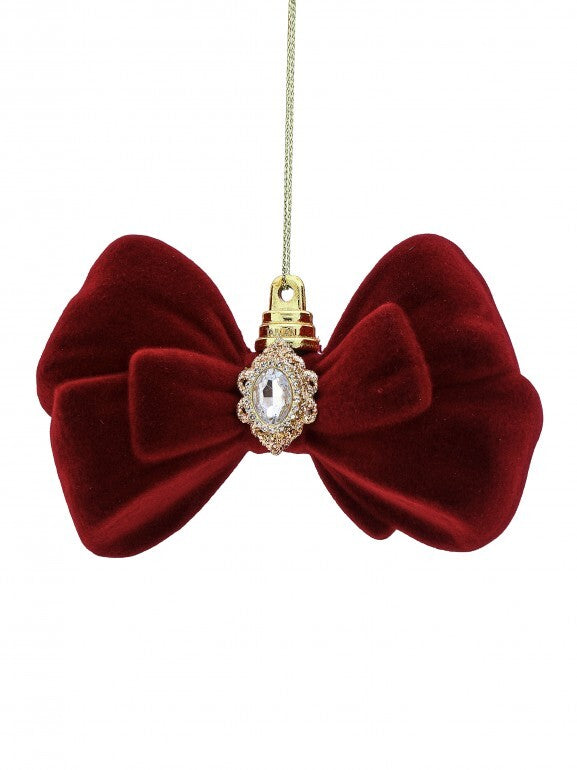Flocked Burgundy Bowtie Ornament with Jewel