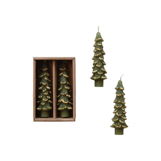 Tree Shaped Taper Candles w/Gold Tips - 4.75" High, Evergreen
