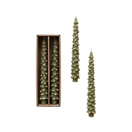 Tree Shaped Taper Candles w/Gold Tips - 10" High, Evergreen