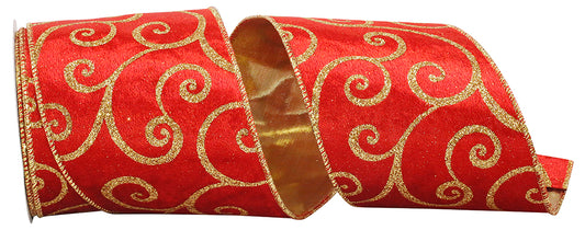 Red Gold Scroll Wired Ribbon