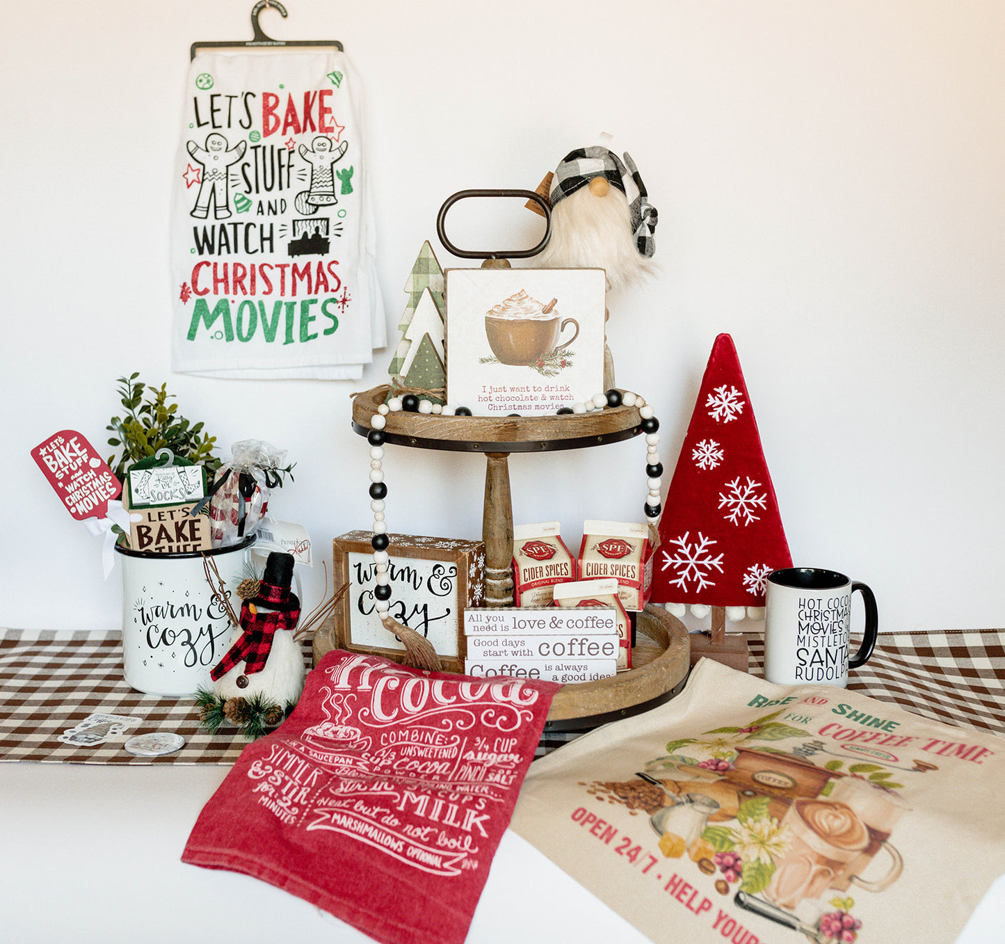 red, snowflake, tree, christmas, tabletop