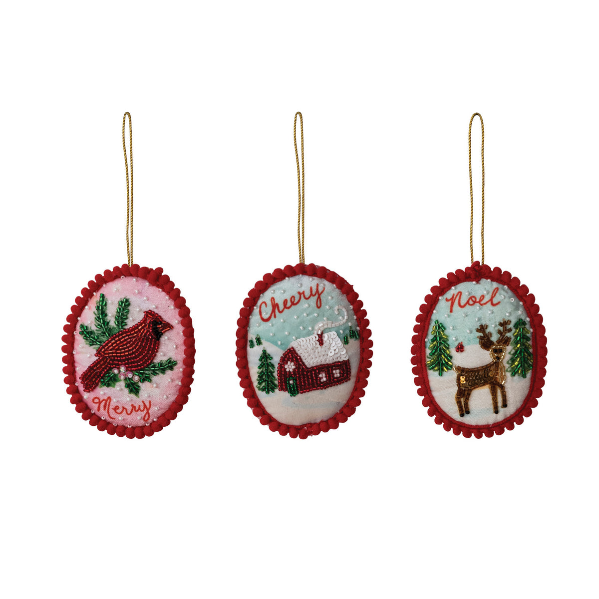Fabric and Glass Beaded Ornament - 3 Styles