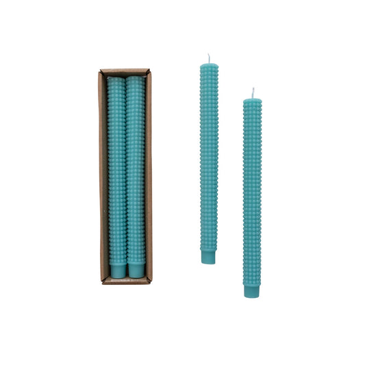 10" Cyan Unscented Hobnail Taper Candle - set of 2