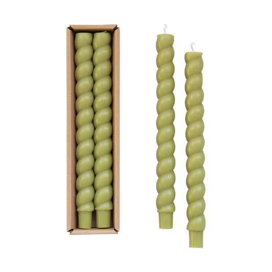 10" Green Leaf Unscented Twisted Taper Candles- set of 2