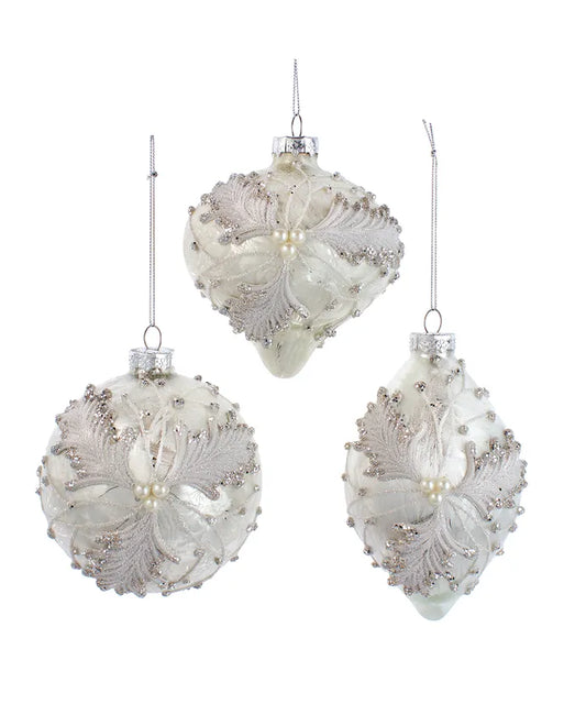 Glass Frosted White and Silver Ornaments - 3 styles