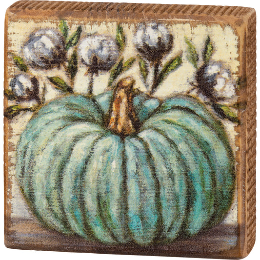 cotton pods, pumpkin, blue, mini, box sign, wood, tier tray, shelf sitter