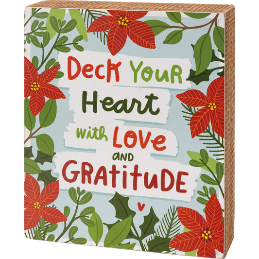 block sign, christmas, deck your heart with love and gratitude, poinsettia