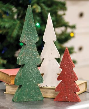 Distressed, trees, red, green, white, christmas, set of three, shelf sitter, tier tray