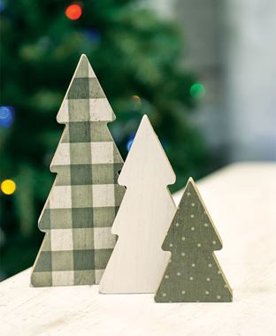 trees, christmas, chunky, wood, set of three, green checked, cream, green polka dots, shelf sitter, tier tray