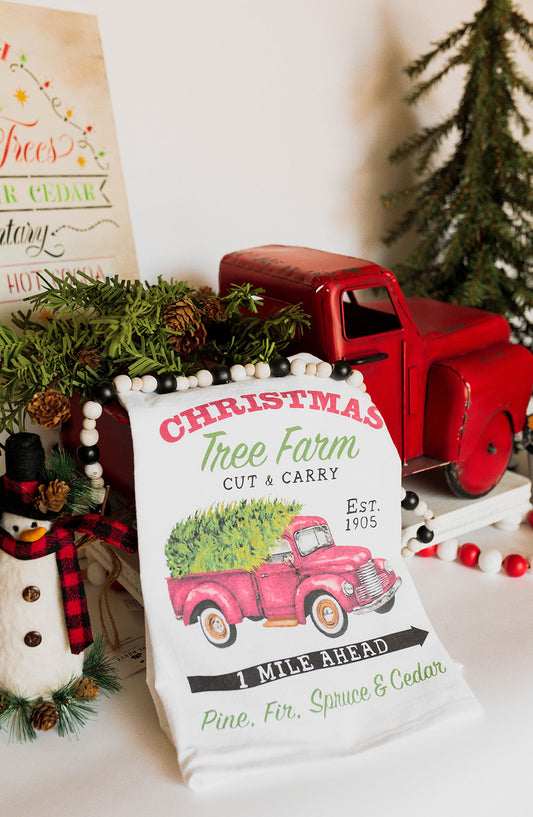 christmas, tea towel, t-towel, red, truck, tree farm