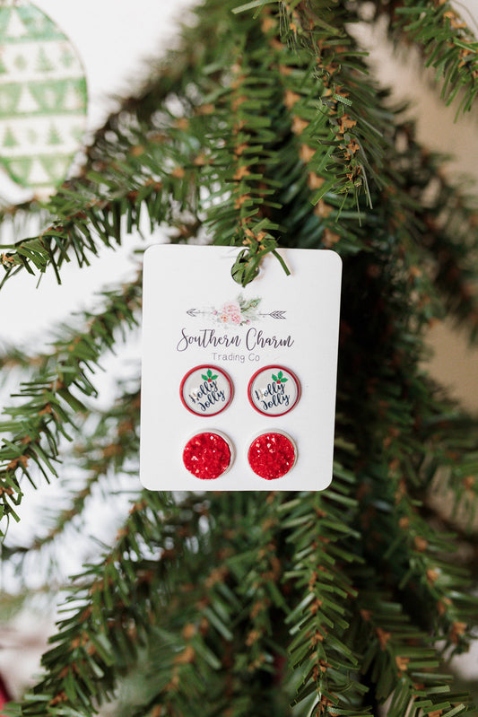 holly, jolly, earrings, christmas, red