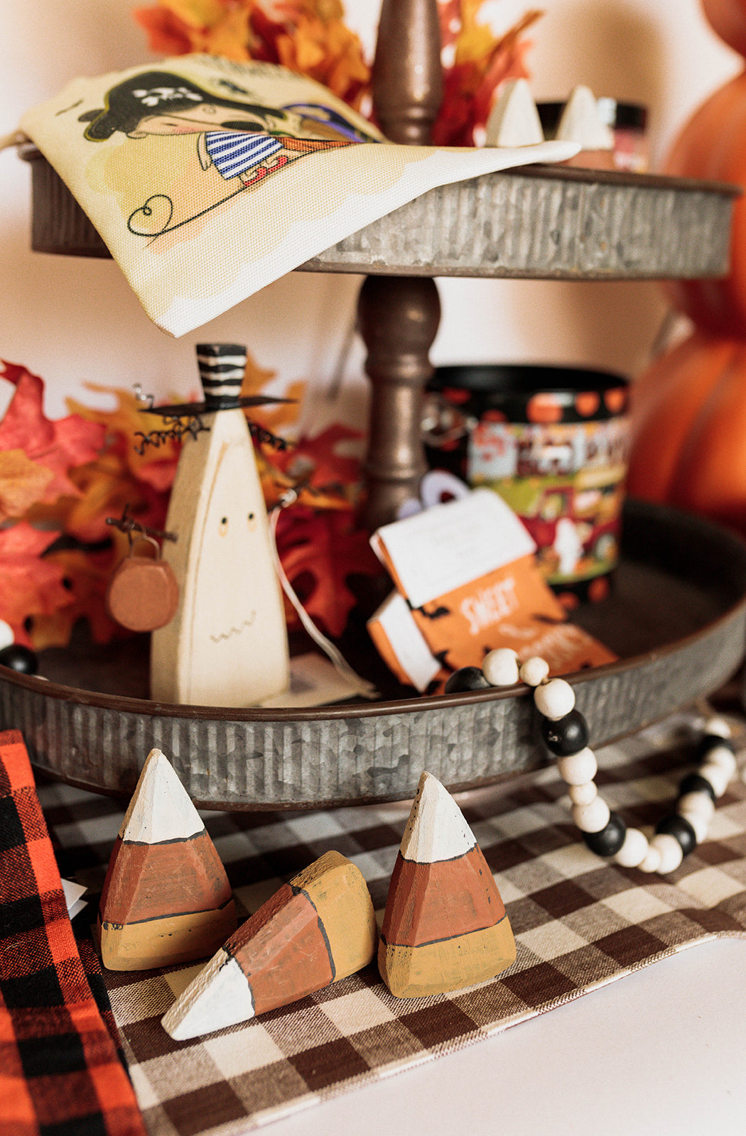 wooden, candy corn, halloween, fall, home decor, shelf sitter, tier tray