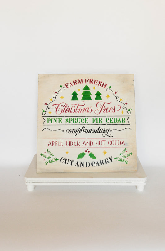 farm, fresh, christmas, trees, pine, spruce, fir, sign, distressed, cut and carry, apple cider, hot cocoa, wood