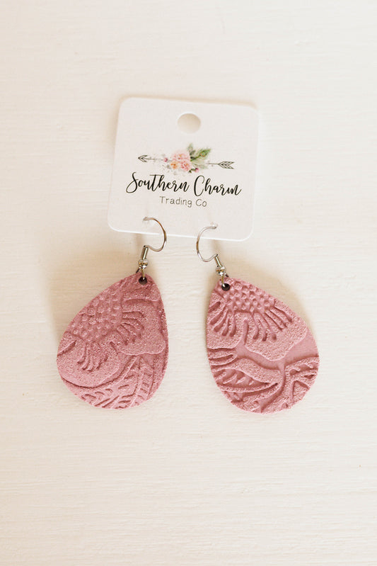 pink, suede, earrings, dangle, embossed