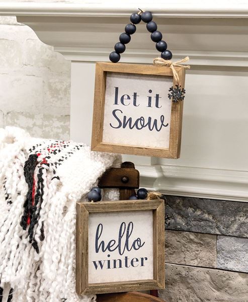 small, sign, beaded hanger, hello winter, let it snow, ornament, shelf sitter, tier tray