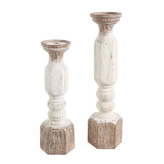 White Wood Embossed Candle Holders - 2 Sizes