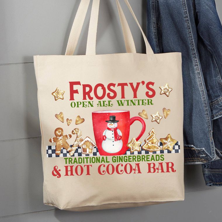 frosty, gingerbread, tote, hot cocoa