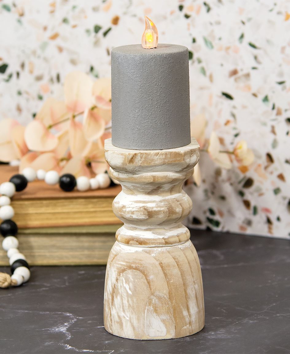 distressed natural candle holder, wood, white, pillar 