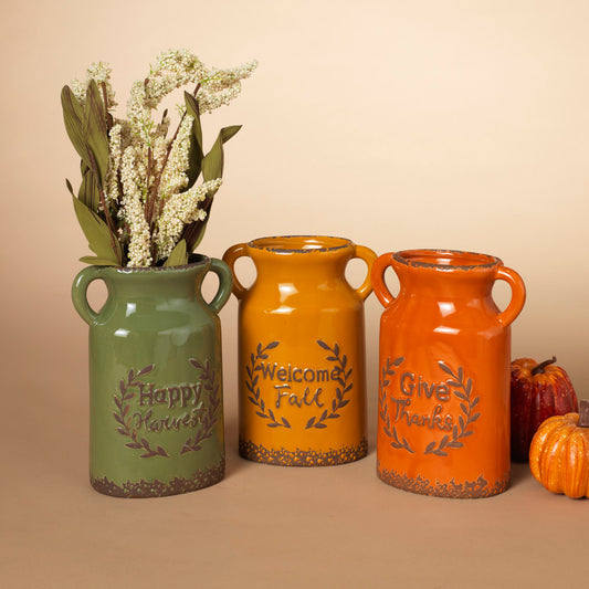 ceramic, vases, harvest, fall, give thanks, green, orange, gold