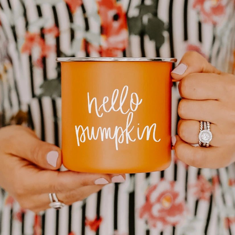 hello, pumpkin, orange, mug