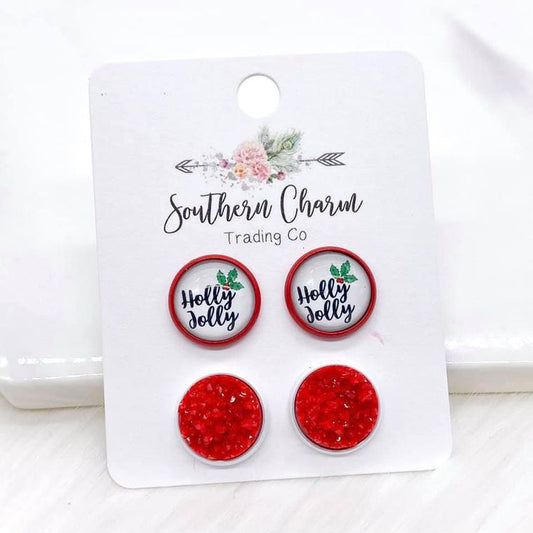 holly, jolly, earrings, christmas, red