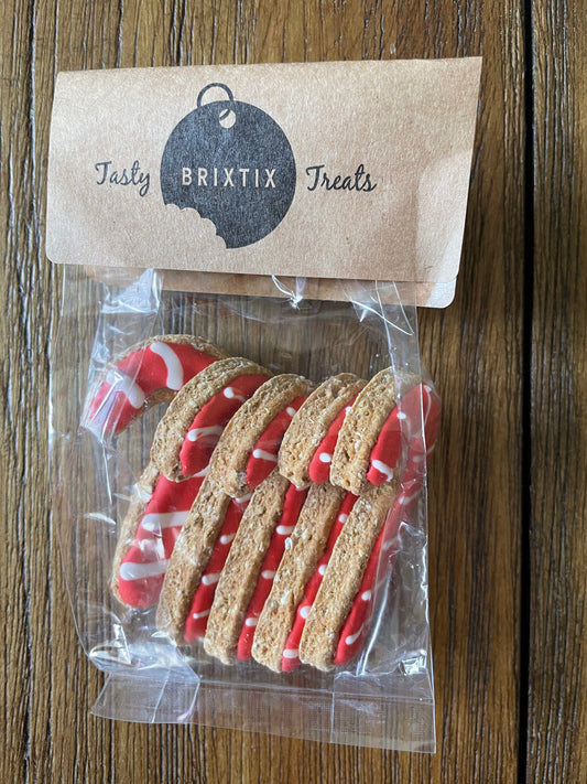 Candy cane shaped dog biscuits. Five in a bag.