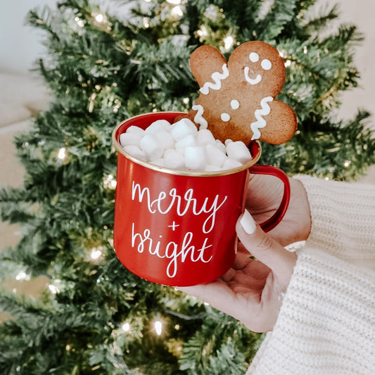 merry, bright, mug, red, christmas