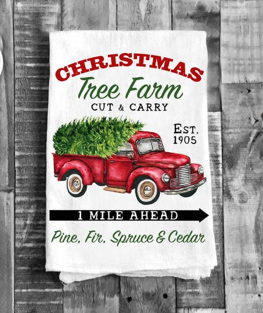 christmas, tea towel, t-towel, red, truck, tree farm