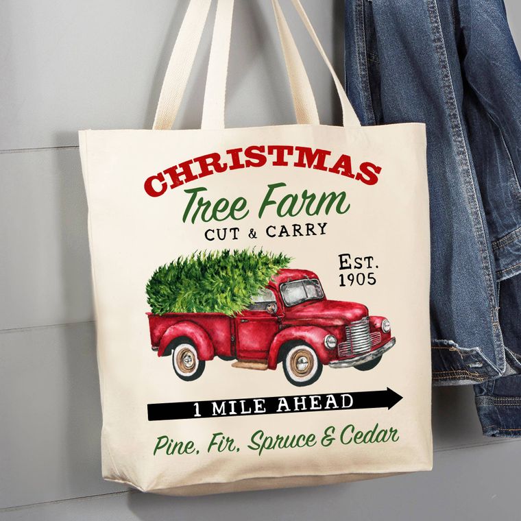 red, tote, christmas, truck, tree farm