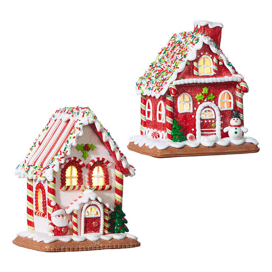 7.25" High gingerbread houses, 2 styles, snowman, santa