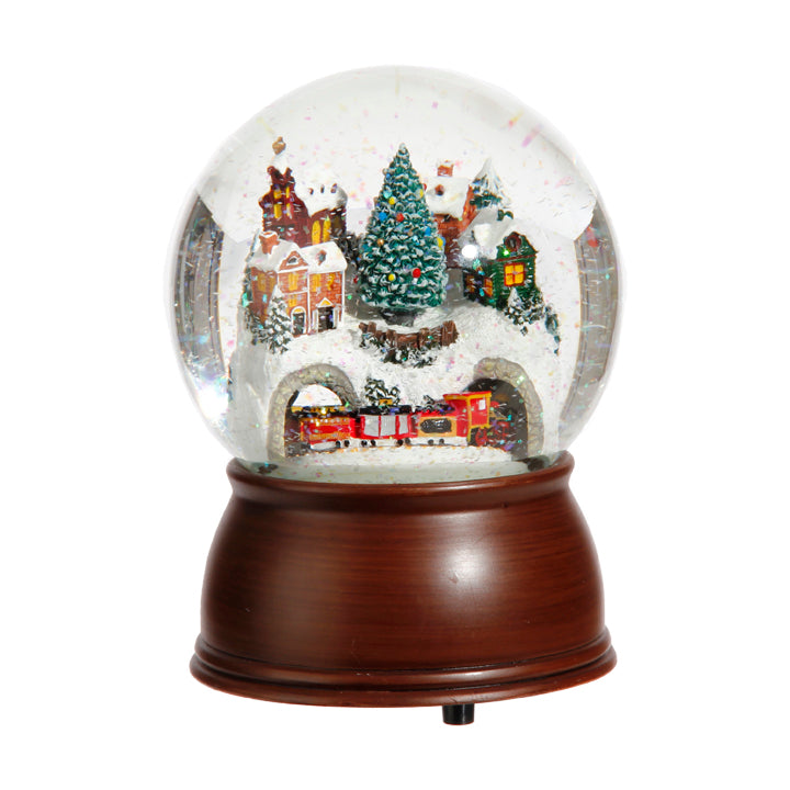 musical, snow globe, train, village, christmas, tree, water globe