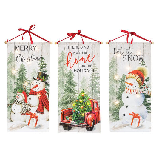 winter scene, banners, lights, snowmen, red truck