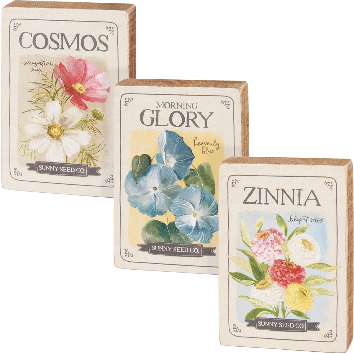 Set of three flower seed signs, zinnia, morning glory, cosmos